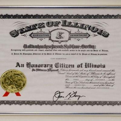 1069	HONORARY CITIZEN AWARD GIVEN TO ACTOR CLIFF ROBERTSON SIGNED BY THE GOVENOR OF ILLINOIS 1982, APPROXIMATELY 11 IN X 14 IN OVERALL
