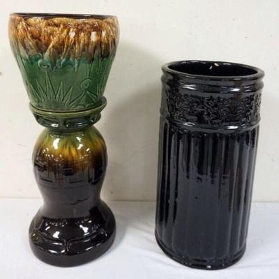 1233	MAJOLICA POT AND PEDESTAL WITH UMBRELLA STAND, POT AND PEDESTAL, DO NOT MATCH APPROXIMATELY 26 IN H
