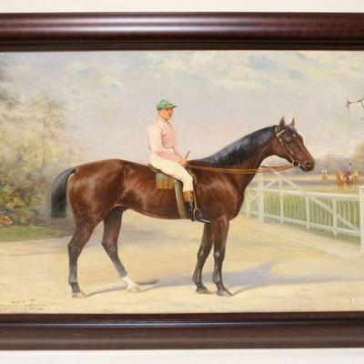 1023	ANTIQUE OIL PAINTING ON CANVAS JOCKEY ON HORSE SIGNED J GRANT 92 NISUS, DAMAGE TO CANVAS TOP RIGHT, APPROXIMATELY 29 1/2 IN X 24 IN...