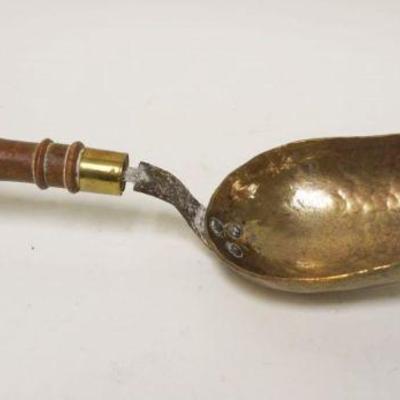 1247	LARGE ANTIQUE HAND MADE BRASS & IRON SCOOP W/WOOD HANDLE, APPROXIMATELY 18 IN OVERALL
