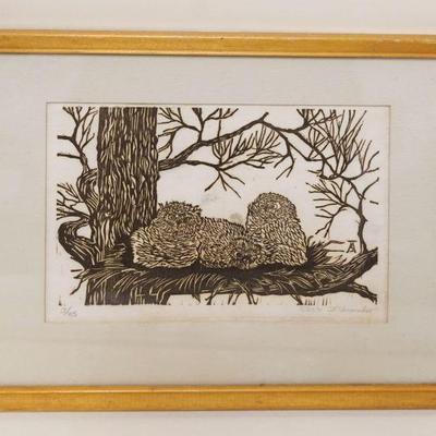 1046	WOODBLOCK PRINT OF OWLS IN A NEST SIGNED ARTHUR SHOEMAKER NO 3 /25, APPROXIMATELY 10 IN X 12 IN OVERALL
