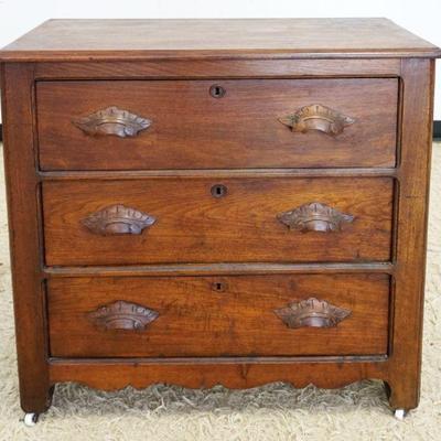 1087	WALNUT VICTORIAN 3 DRAWER CHEST W/LEAF CARVED PULLS, APPROXIMATELY 30 IN X 16 IN X 31 IN HIGH
