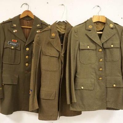 1178	LOT OF 3 US MILITARY COATS IN CLUDES LILLEY IMAGES CO SIZE UNKNOWN, HAS REPAIRS IN LINING, SIZE 38R ON BUTTON MISSING, & SIZE 38R
