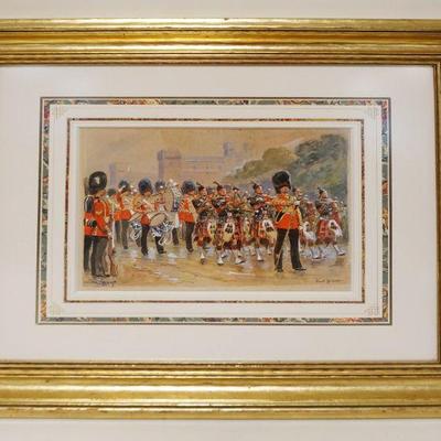 1146	MAURICE TOUSSAINT SIGNED WATERCOLOR SCOTLAND GUARD, APPROXIMATELY 21 IN X 24 IN OVERALL
