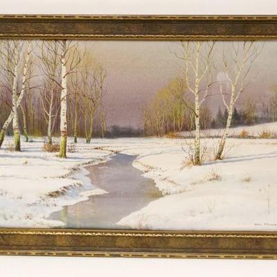 1042	GEORGE HOWEL GAY SIGNED WATERCOLOR WINTER SCENE W/STREAM & BIRCH TREES, APPROXIMATELY 15 IN X 21 IN OVERALL
