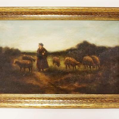 1003	ANTIQUE OIL PAINTING ON CANVAS OF WOMAN IN FIELD W/SHEEP, ARTIST SIGNED LOWER LEFT, APPROXIMATELY 16 IN X 22 IN OVERALL
