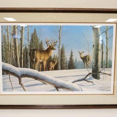 1147	GARY SORRELS SIGNED & NUMBERED PRINT OF DEER IN SNOW COVERED FORREST, 55/600, APPROXIMATELY 33 IN X 26 IN OVERALL

