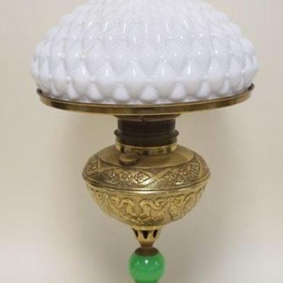 1234	VICTORIAN BRASS PARLOR LAMP WITH MILK GLASS SHADE AND ONYX BALL CENTER, LAMP ELECTRIFIED, APPROXIMATELY 21 IN H
