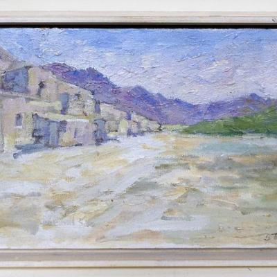 1021	OIL PAINTING ON CANVAS *TAOS PUEBLO* SIGNED BRUCE STASINK, APPROXIMATELY 10 IN X 13 IN OVERALL
