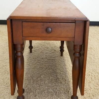 1090	ANTIQUE SOLID CHERRY DROP LEAF TABLE W/ONE DRAWER & LONG DROPS, APPROXIMATELY OPEN 63 IN X 46 IN X 29 IN HIGH, CLOSED 20 IN
