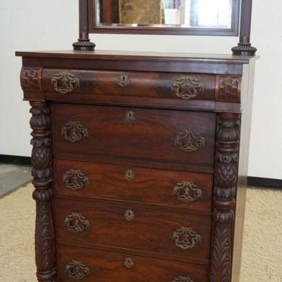 1082	NARROW EMPIRE MAHOGANY 5 DRAWER CHEST W/PAW FEET & CARVED COLUMNS, APPROXIMATELY 36 N X 25 IN X 75 IN
