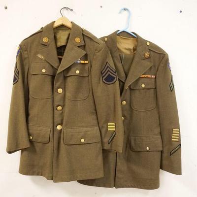 1171	2 US ARMY WWII ENLISTED SERVICE WINTER JACKETS W/PINS & PATCHES, SIZE 35R & 37 R, COMES W/HAT, HAS VERY SMALL PIN HOLES IN BACK
