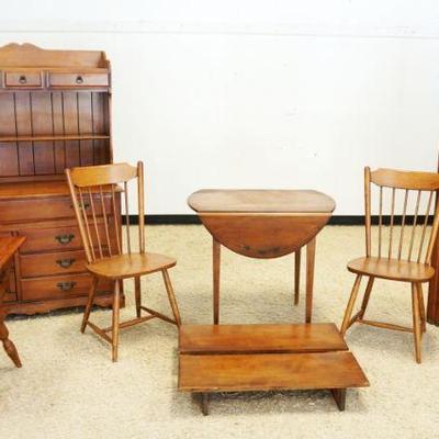 1115	ASSORTMENT OF MAPLE & PINE FURNITURE INCLUDING OPEN HUTCH, TABLE W/2 LEAVES, DOUGH BOX, 2 CHAIRS & ROLLING CART
