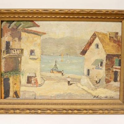 1024	OIL PAINTING ON BOARD VILLAGE SHORE SCENE, SIGNED & DATED LOWER RIGHT, APPROXIMATELY 20 IN X 24 IN OVERALL
