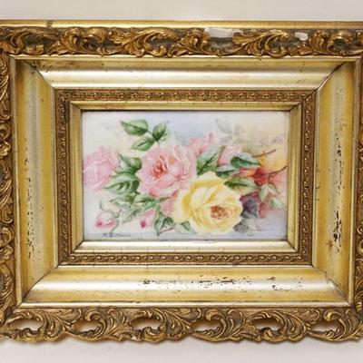 1008	ANTIQUE HAND PAINTED TILE OF FLOWERS IN GILT FRAME, ARTIST SIGNED & DATED, LOSS TO FRAME, APPROXIMATELY 9 IN X 10 1/2 IN
