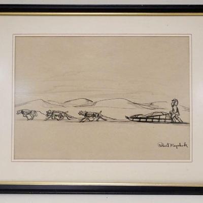 1039	ROBERT MAYOKOK PEN & INK DRAWING OF ESKIMO & DOG SLED TEAM, APPROXIMATELY 11 1/4 IN X 14 1/4 IN OVERALL

