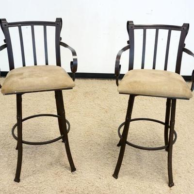 1113	PAIR OF WROUGHT IRON SWIVEL BAR STOOLS W/ARMS, APPROXIMATELY 45 IN HIGH
