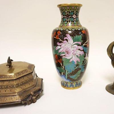 1059	LOT OF ASSORTED METAL ITEMS INCLUDING CLOISONNE VASE, COVERED OCTAGONAL BOX & CANDLESTICK
