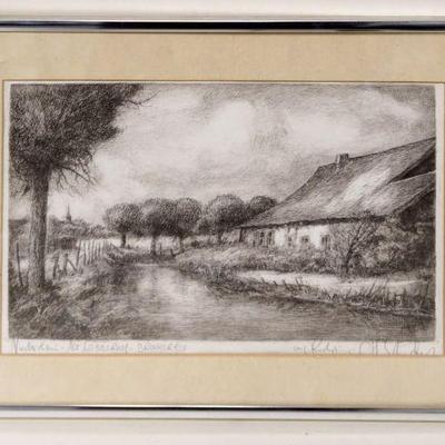 1044	ARTIST SIGNED ENGRAVING COTTAGE ALONG STREAM, APPROXIMATELY 12 1/2 IN X 16 1/2 IN OVERALL
