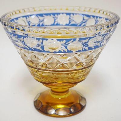 1012	NICE AMBER & BLUE CUT TO CLAR FOOTED BOWL W/GROUND & POLISHED BOTTOM, APPROXIMATELY 6 IN X 5 IN HIGH
