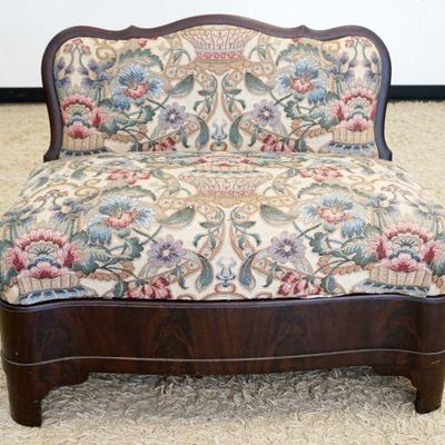 1084	EMPIRE MAHOGANY FLORAL UPHOLSTERED SETTEE, APPROXIMATELY 38 IN X 21 IN X 31 IN HIGH
