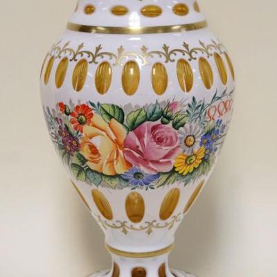 1230	OUTSTANDING FLORAL PAINT DECORATED VASE, AMBER CUT, APPROXIMATELY 17 IN HIGH
