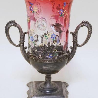 1013	VICTORIAN CRANBERRY & ENAMEL DECORATED SPOONER IN METAL HOLDER, APPROXIMATELY 8 IN HIGH

