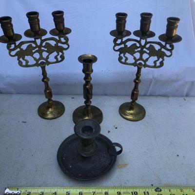 Brass Lion Candle sticks, one other