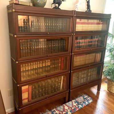 Pr. walnut stacking bookcases, exc. condition.