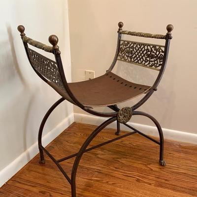 Vintage Italian iron and brass curule bench