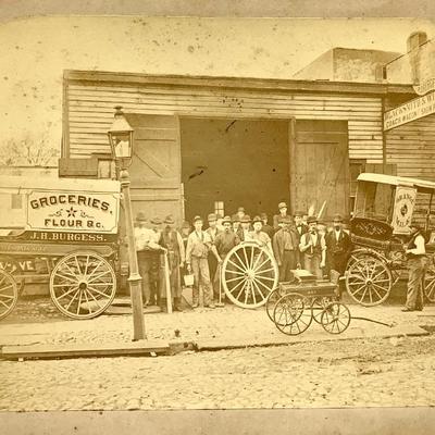 Early photo of New Jersey wheelwright shop, photo enhanced for clarity.