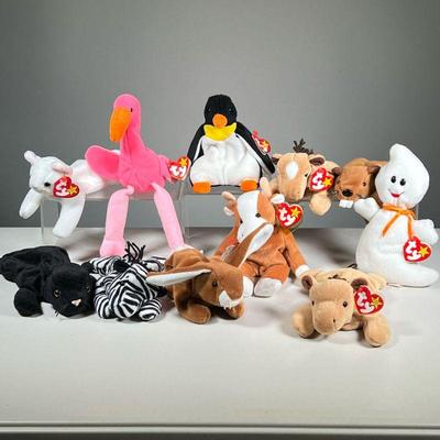 (11PC) 1995 BEANIE BABIES | TY Beanie Babies, including two Derby horses (one with white spot, one with NO spot), Spooky, Ziggy, Bessie,...