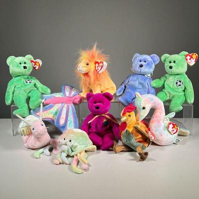 (10PC) COLORFUL 1999/2000 BEANIE BABIES | Includes: Swirly, Bushy, Flitter, Neon, Rooster (from the TY Zodiac Collection), Goochy, Clubby...