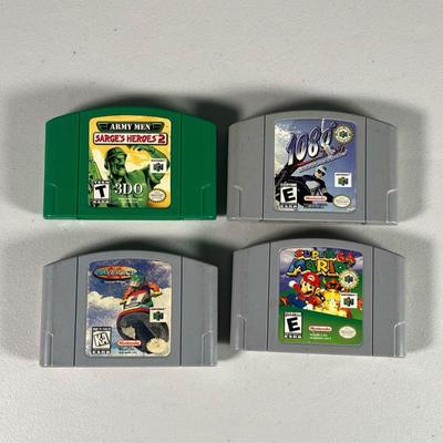(4PC) N64 GAME CARTRIDGES | Including Super Mario 64; Wave Race 64; Army Men: Sarge's Heroes 2; and 1080 Snowboarding.
