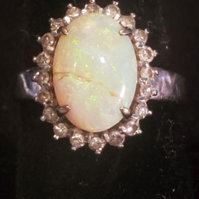 Opal and Diamond Ring Marked T 18K, size 7.75