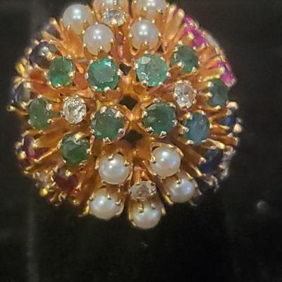 Vintage Multi-stone Bombe Flower Ring, 18k, gross 10.33g 