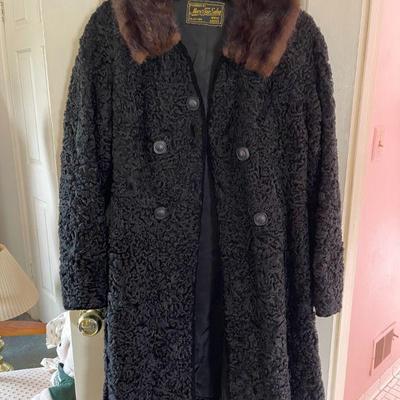 Vintage CUSTOM MADE Black Broadtail Fur Coat with Mink Collar