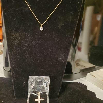 Gold Necklace, 14k, with Brilliant Stone, Cross Pendent