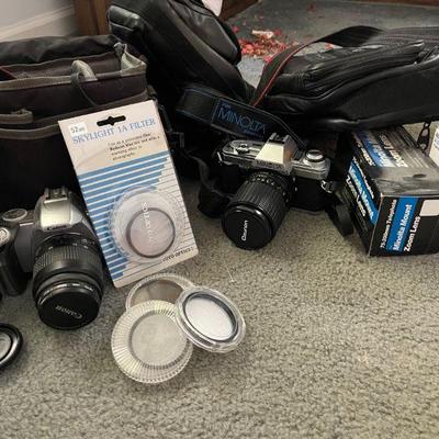 Vintage SLR Cannon and Minolta Camera and Accessory Lot 