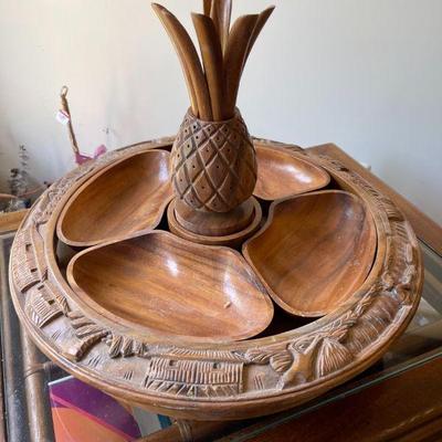 Vintage Handcarved Monkeypod Lazy Susan with Pineapple Center