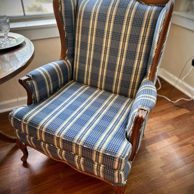 2 vintage wingback armchairs, recently reupholstered in blue/yellow plaid