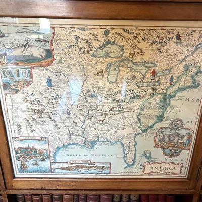 Antique bookcase with cupboard - cupboard door has inlaid map of 1600s USA