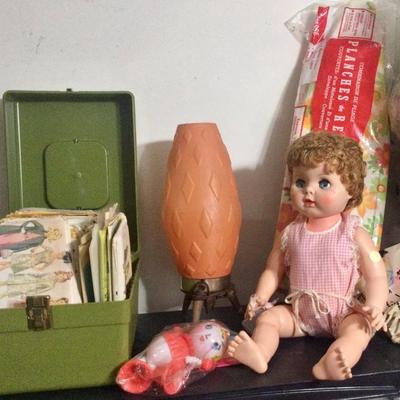 Vintage toys, vintage patterns, ironing board, rocket lamp