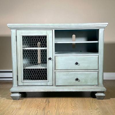 BROYHILL FURNITURE CONSOLE CABINET | Green side table/media stand, featuring 3 shelves behind chicken wire door, next to a bank of 2...