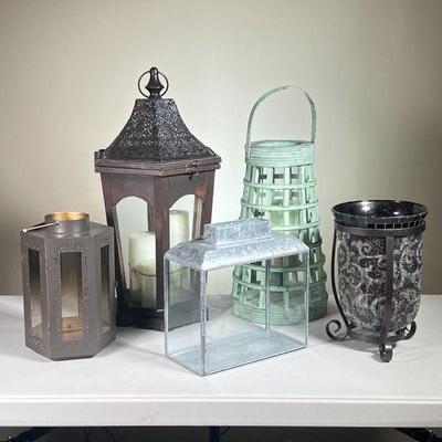 (5PC) LANTERN GROUP | Including: Wooden lantern with dark metal top and 3 candles Round wood with green paint A 6-sided metal lantern...