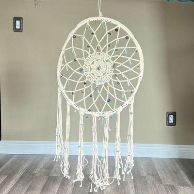SOLID OAK CRYSTAL INFUSED DREAM CATCHER | Woven dream catcher with various crystals and wooden & ceramic prayer beads attached. - h. 38 x...