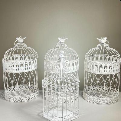 (4PC) METAL BIRDCAGES | Metal Birdcages. Three matchings. One smaller. All in white paint. - h. 18 x dia. 9 in (Largest Birdcage)
