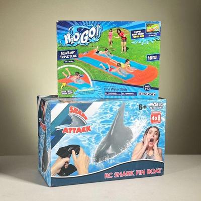 (2PC) POOL & WATER TOYS | H2O Go Water Slide by Bestway 18â€™ long New in Box Shark Attack RC Shark Fin Boat by World Tech Toys Full...