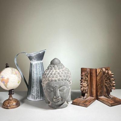 (4PC) DECORATIVE ITEMS | Tabletop home decor, including an East Indian bust in plaster. Tree bookends in Wood, India. Tin pitcher with...