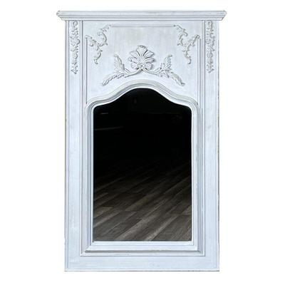 SHEFFIELD HOME CARVED WOOD MIRROR | White carved wood mirror crested by wreath and floral carvings in high relief. - w. 32 x h. 49 in